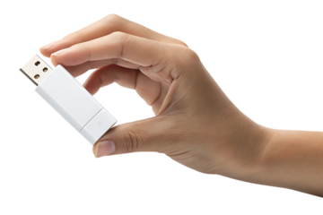 Hand holding white USB flash drive, cutout, PNG isolated on a white or transparent background, AI
