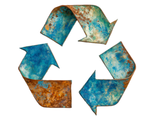 Recycling symbol made of rusted metal with blue and brown hues, showcasing the importance of sustainability and environmental care Generative AI