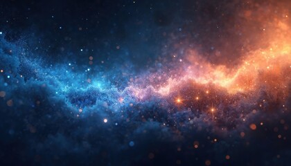 Naklejka premium Vibrant galaxy with blue and orange nebula. Stars and sparkling dust shine in deep space. Cosmic clouds and glowing particles create a magical atmosphere. Abstract background with twinkling lights.