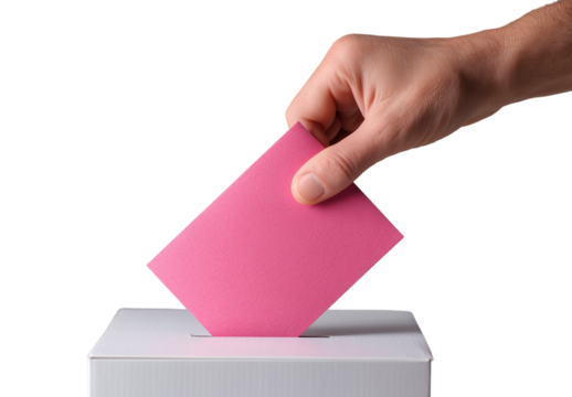 Hand placing pink ballot into a white election box during voting in a clear democratic process Generative AI