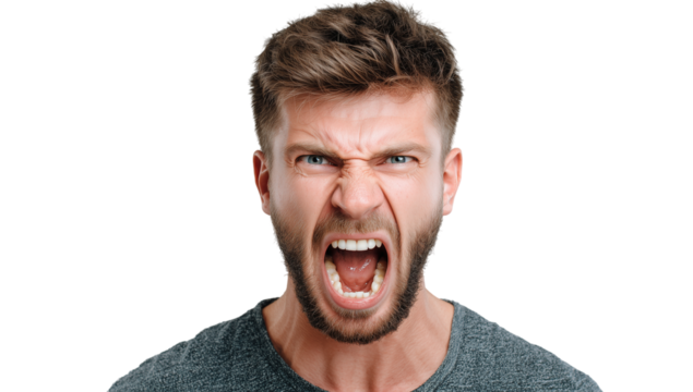 Portrait of a man expressing intense anger with a fierce shout captured in a high-contrast setting Generative AI