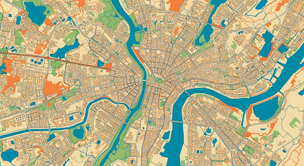 Obraz premium Top-down aerial view of a dense urban cityscape with a river winding through it, showing streets, buildings, and green spaces
