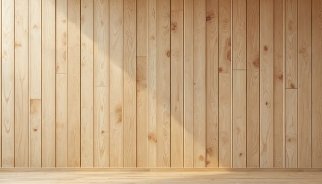 Light wooden wall with vertical planks. Wooden paneling in interior design. Cross laminated timber texture. Sustainable building material for house construction. Natural wood pattern on wall and floor