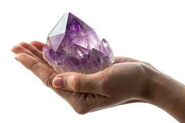 Hand holding large purple amethyst crystal cluster, cutout, PNG isolated on a white or transparent background, AI