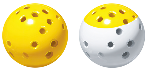 Two perforated balls, one yellow, one with a yellow top and white bottom
