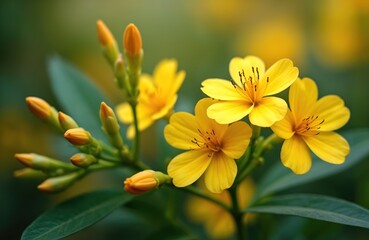 Obraz premium Close up of yellow flowers with petals. Green leaves, floral stems and buds surround blossom. Botanical theme shows beauty of nature. Spring bloom presents color.