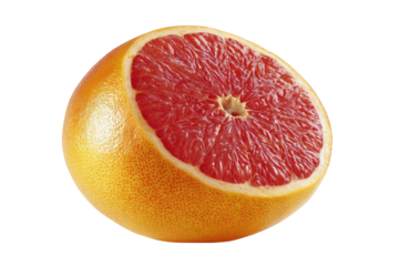 Close-up of a halved grapefruit, vibrant pink segments