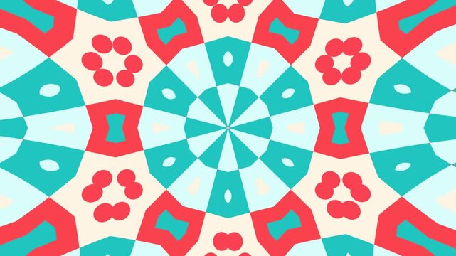 Animated kaleidoscope background with a six-sided symmetry, showcasing simple 2D shapes in a fluid dance for educational content about geometry and perception