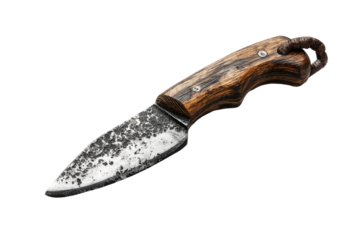 Hand-crafted knife with dark wood handle and distressed steel blade