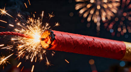 Lit Firecracker Fuse with Sparks before a Diwali Fireworks Display