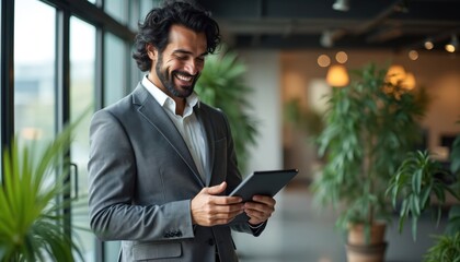 Smiling Hispanic man in grey suit using digital tablet in modern office with green plants. Businessman in stylish attire working on tech device. Pro executive browsing on tablet in contemporary