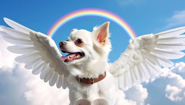 A charming image of a dog with angel wings soaring through a colorful sky, with a rainbow arching above the dog