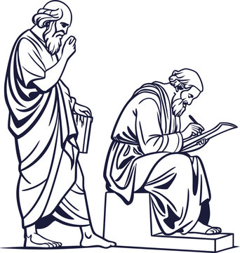 Philosophical sketch line art, vector illustration of ancient Greek philosophers like Socrates and Plato. Monochrome doodle design for history, education, or wisdom themes.