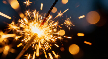 Burning Diwali Sparkler with Golden Sparks and Festive Bokeh Background
