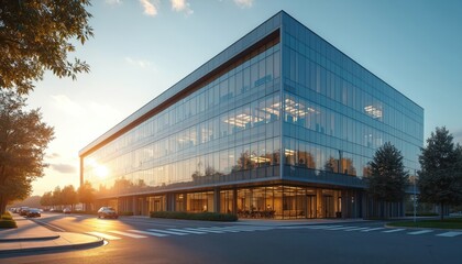 Obraz premium Modern office building with glass facade, sleek design. Contemporary architecture, urban landscape. Corporate headquarters business center with trees, road nearby. Sunset sunrise with blue sky,