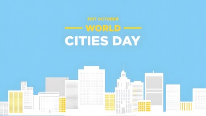 Simple Design with White and Yellow Buildings Against a Light Blue Sky for World Cities Day on 31st October

