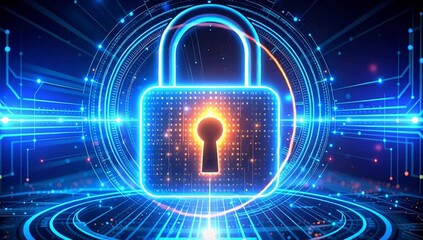 Digital lock icon in a cyber security concept, with data protection represented by a glowing padlock. A symbol of safety in a digital world.  - Powered by Adobe