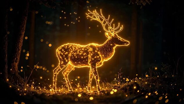 an illuminated deer glows brightly against a dark background in a forest setting. The deer is adorned with glittering lights that accentuate its majestic form and antlers