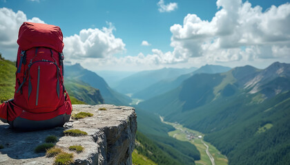 Red backpack on mountain edge. Scenic view of green valley and blue sky with clouds. Travel and adventure concept. Hiker gear at cliff. Wilderness exploration. Mountain range landscape.