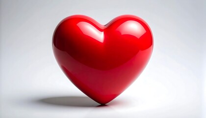 Obraz premium A shiny, glossy, red heart against a soft gray-white gradient background. The heart casts a subtle shadow