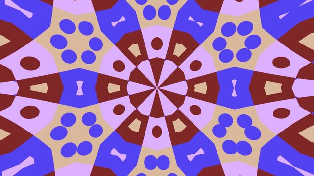 Symmetrical kaleidoscopic animation with a six-fold repetition, featuring basic 2D graphics for use as a vibrant texture in game design or broadcast graphics