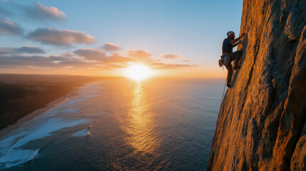 Climber scaling vertical sea cliff at sunset