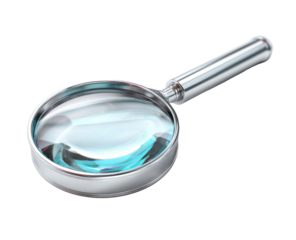 A 3D rendering of a magnifying glass.  The clear lens is detailed, with a slightly teal tint.  The metal frame and handle are silver