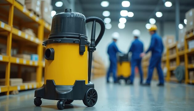 Yellow industrial vacuum cleaner sits on factory floor near shelves. Workers in blue uniforms and hard hats move equipment in background. Automated cleaning tech.