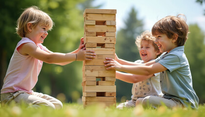 Children play giant wood Jenga outdoors. Siblings focus on tower game, stack blocks carefully, laugh together. Sunny day fun, teamwork, happy childhood moments.