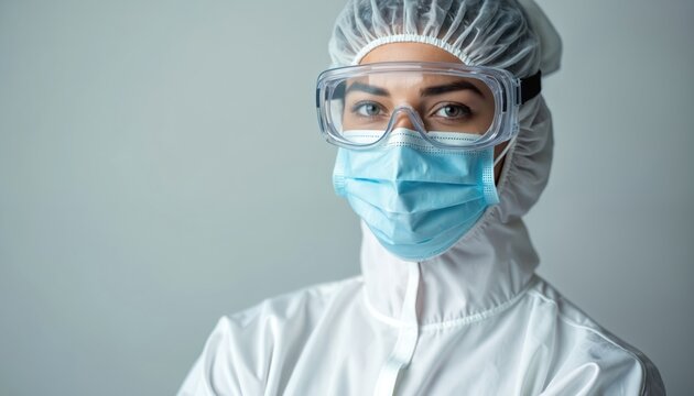 Portrait shot of woman wearing full white ppe suit face mask goggles. Person looks at camera on grey background with copy space. Worker is protected from corona virus. Pro health care worker.