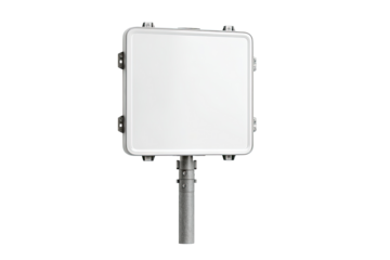 Outdoor, square, white enclosure mounted on a metal pole