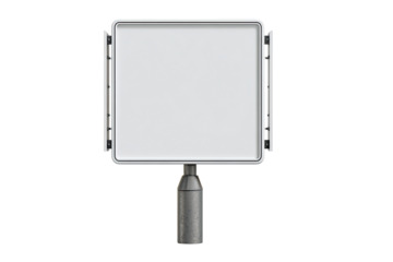 Square, blank sign mounted on a gray pole