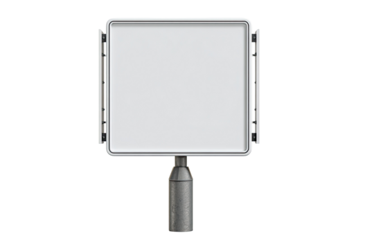 Square, blank sign mounted on a gray pole