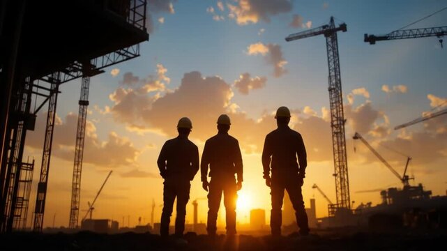 A construction site at sunrise with silhouettes of workers wearing hard hats. 4k video