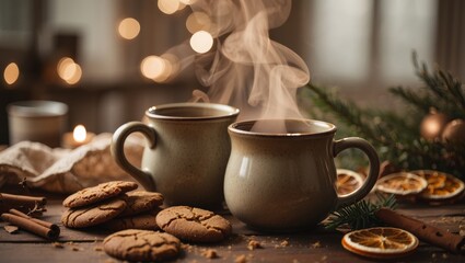 Steaming mugs with hot beverages and gingerbread cookies, creating a cozy winter atmosphere, celebrating christmas holidays with warm drinks and festive decorations