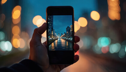 Hand holds smartphone capturing city canal at night. Urban lights reflect on water. Blurred bokeh lights create vibrant atmosphere. Modern tech captures urban life.
