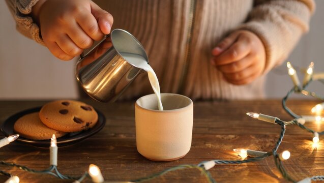 Child pouring milk into a cup next to chocolate chip cookies and festive string lights, celebrating cozy holiday traditions and winter snacks at home