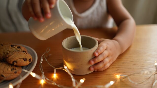 Child's hands pouring fresh white milk from a jug into a ceramic cup, enjoying a cozy snack with chocolate chip cookies and warm festive string lights on a wooden table