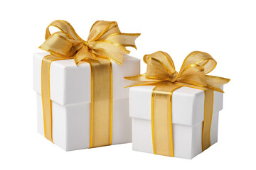 Two white gift boxes, adorned with gold ribbons and bows, sit side by side