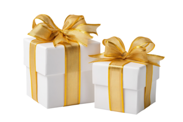 Two white gift boxes, adorned with gold ribbons and bows, sit side by side