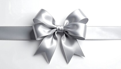 A shiny, metallic silver bow crafted from a ribbon sits centered against a crisp, white, reflective background, creating a simple, elegant aesthetic