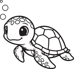 Cute Sea Turtle Line Art with Bubbles – Coloring Page Vector