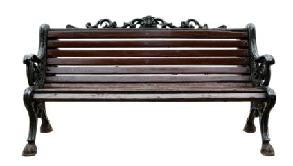 Ornate park bench with dark wooden seat