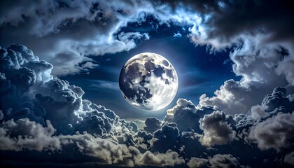 A stunning night sky featuring a luminous, detailed full moon framed by thick, swirling clouds in various shades of blue and white. Starry backdrop