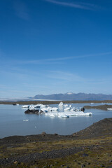 Icebergs floating in a serene glacial lagoon under a clear blue sky, surrounded by rugged mountains and lush green terrain, showcasing the beauty of nature's icy formations