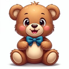 Fototapeta premium Cartoon teddy bear with bow tie sitting on white background. The cute character has big eyes and a friendly smile. This photo suits for kids designs.