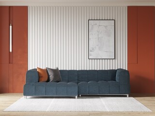 Modern living room with a blue sofa, terracotta walls, and a white fluted panel. Abstract art and a cozy rug create a chic and stylish contemporary space, 3D rendering.