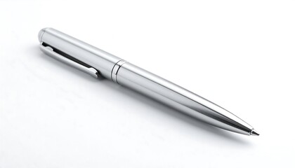A shiny, silver writing instrument on a clean white background. The pen appears to be made of metal and is in pristine condition