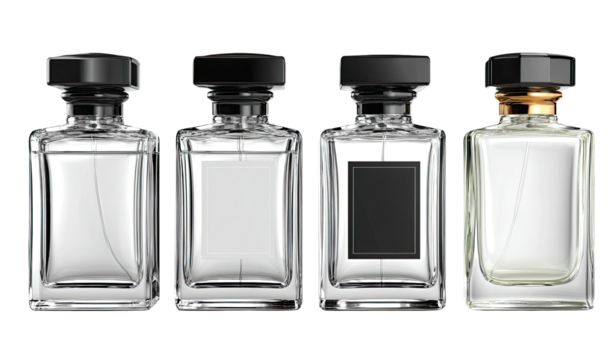 Four clear glass perfume bottles in a row, each with a black and metallic top