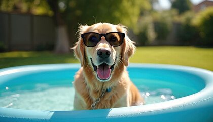 Golden retriever dog in sunglasses sits in pool. Pet animal cools off in water during summer heat in backyard garden. Canine enjoys fun, relax and swim on holidays.